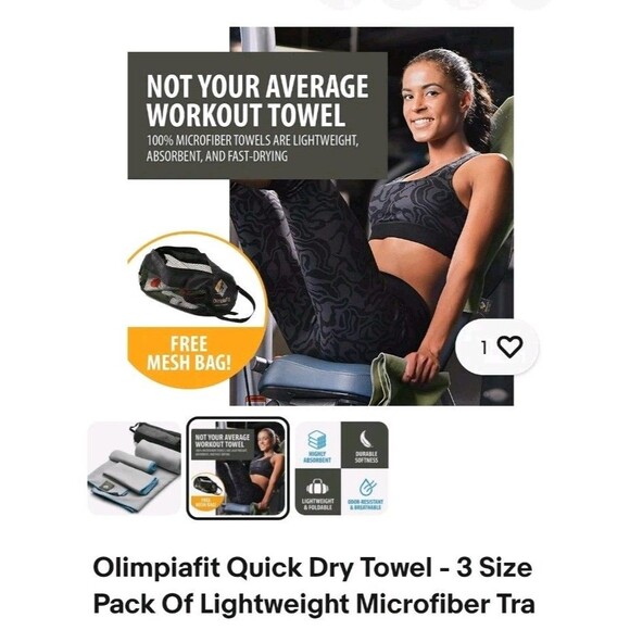 Olimpiafit Quick Dry Towel - 3 Size Pack Of Lightweight Microfiber Tra - Picture 5 of 6